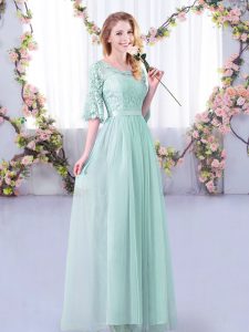 Sumptuous Scoop Half Sleeves Quinceanera Dama Dress Floor Length Lace and Belt Light Blue Tulle