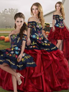 Exquisite Red And Black Sleeveless Floor Length Embroidery and Ruffles Lace Up Sweet 16 Dress