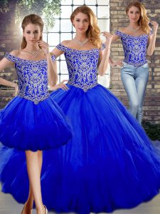 Royal Blue Off The Shoulder Neckline Beading and Ruffles Sweet 16 Dress Sleeveless Lace Up