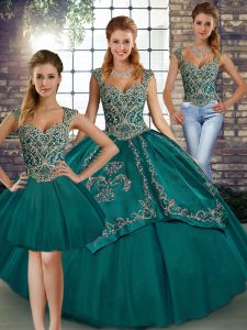 Floor Length Teal Womens Party Dresses Straps Sleeveless Lace Up