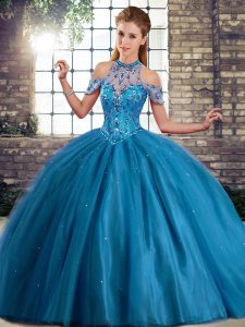 Brush Train Ball Gowns Ball Gown Prom Dress Blue Halter Top Tulle Sleeveless Lace Up