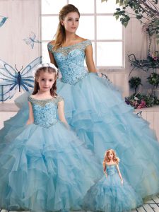 Light Blue Organza Lace Up Off The Shoulder Sleeveless Floor Length Sweet 16 Dresses Beading and Ruffles