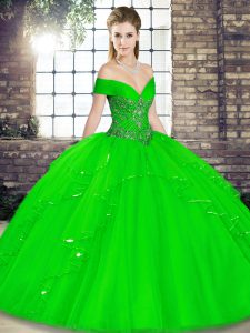 Green Off The Shoulder Lace Up Beading and Ruffles Quinceanera Gown Sleeveless