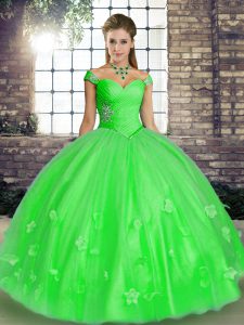 Unique Green Lace Up Off The Shoulder Beading and Appliques Sweet 16 Dress Tulle Sleeveless