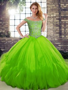 Dramatic Sleeveless Beading and Ruffles Lace Up Ball Gown Prom Dress