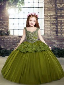 Straps Sleeveless Lace Up Little Girls Pageant Dress Wholesale Olive Green Tulle