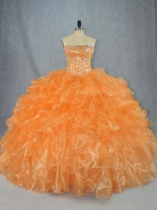 High Class Orange Sleeveless Floor Length Beading and Ruffles Lace Up Juniors Party Dress