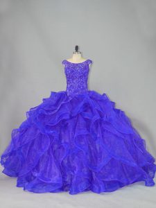 Blue Sleeveless Organza Brush Train Lace Up Sweet 16 Dress for Sweet 16 and Quinceanera
