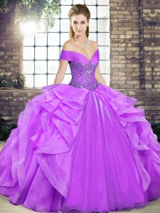 Cute Lavender Sleeveless Floor Length Beading and Ruffles Lace Up Ball Gown Prom Dress