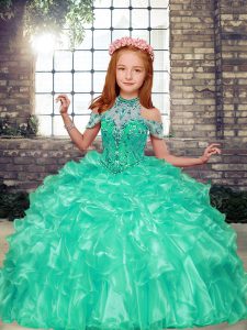 Latest Apple Green High-neck Neckline Beading and Ruffles Winning Pageant Gowns Sleeveless Lace Up