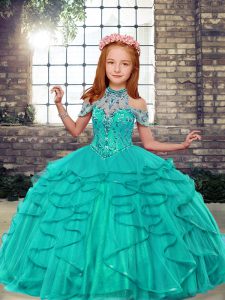 Beading and Ruffles Kids Pageant Dress Turquoise Lace Up Sleeveless Floor Length