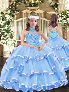 Hot Sale Sleeveless Organza Floor Length Lace Up Kids Formal Wear in Baby Blue with Appliques and Ruffled Layers