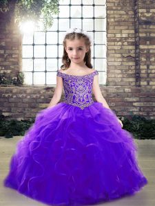 Off The Shoulder Sleeveless Little Girl Pageant Gowns Floor Length Beading and Ruffles Purple Tulle