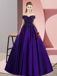 Purple Satin Zipper Off The Shoulder Sleeveless Floor Length Sweet 16 Dress Lace