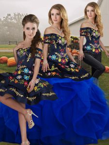 Cute Embroidery and Ruffles Sweet 16 Quinceanera Dress Royal Blue Lace Up Sleeveless Floor Length