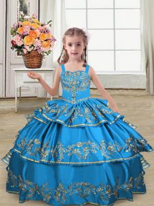 Admirable Blue Sleeveless Floor Length Embroidery and Ruffled Layers Lace Up Kids Formal Wear