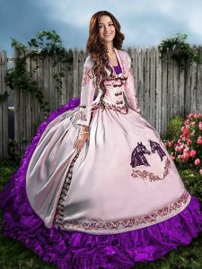 Spectacular Purple Satin Lace Up Sweetheart Sleeveless Floor Length Sweet 16 Dresses Embroidery and Ruffles