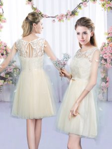 Scoop Sleeveless Quinceanera Dama Dress Mini Length Lace and Bowknot Champagne Tulle