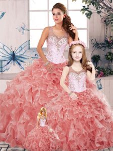 Beauteous Watermelon Red Sleeveless Floor Length Beading and Ruffles Clasp Handle Quinceanera Dresses