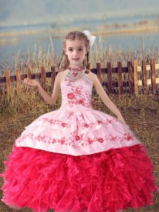 Organza Halter Top Sleeveless Lace Up Beading and Embroidery and Ruffles Kids Pageant Dress in Coral Red