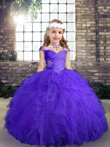 Purple Straps Lace Up Beading and Ruffles Little Girl Pageant Dress Sleeveless