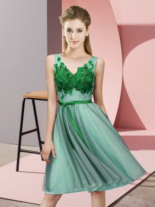 Modest Knee Length Empire Sleeveless Apple Green Quinceanera Dama Dress Lace Up