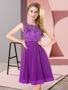 Low Price Chiffon Scoop Sleeveless Backless Beading and Appliques Dama Dress in Purple
