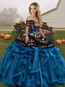 Unique Blue And Black Organza Lace Up Quinceanera Dress Sleeveless Floor Length Embroidery and Ruffles