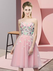 Pink Tulle Lace Up Sweetheart Sleeveless Knee Length Quinceanera Dama Dress Appliques
