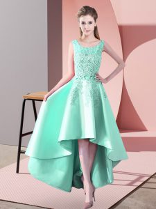 High Low Apple Green Dama Dress for Quinceanera Satin Sleeveless Lace