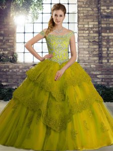 Olive Green Vestidos de Quinceanera Military Ball and Sweet 16 and Quinceanera with Beading and Lace Off The Shoulder Sleeveless Brush Train Lace Up
