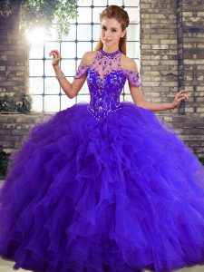 Adorable Sleeveless Floor Length Beading and Ruffles Lace Up 15th Birthday Dress with Purple