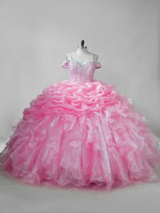 Brush Train Ball Gowns Quinceanera Gowns Pink Straps Organza Sleeveless Lace Up