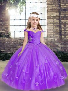 Excellent Lavender Lace Up Straps Beading and Hand Made Flower Pageant Gowns For Girls Tulle Sleeveless