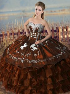 Dynamic Brown Satin and Organza Lace Up Quinceanera Dresses Sleeveless Floor Length Embroidery and Ruffles