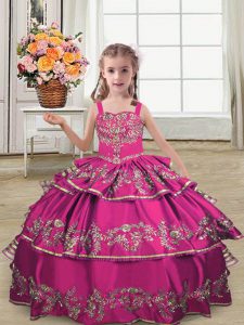 Perfect Sleeveless Lace Up Floor Length Embroidery and Ruffled Layers Little Girl Pageant Gowns