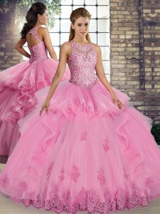 Fantastic Scoop Sleeveless Ball Gown Prom Dress Floor Length Lace and Embroidery and Ruffles Rose Pink Tulle
