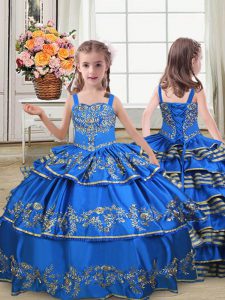 Simple Royal Blue Straps Neckline Embroidery and Ruffled Layers Kids Formal Wear Sleeveless Lace Up