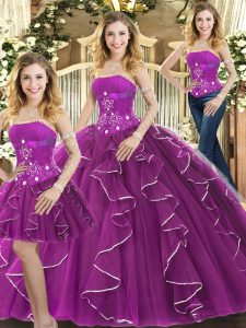 Edgy Tulle Strapless Sleeveless Lace Up Beading and Ruffles Quinceanera Dress in Purple