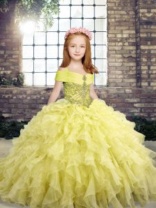 Yellow Sleeveless Floor Length Beading and Ruffles Lace Up Little Girls Pageant Dress Wholesale