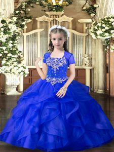 Royal Blue Tulle Lace Up Straps Sleeveless Floor Length Girls Pageant Dresses Beading and Ruffles
