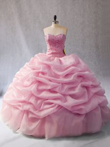 Organza Sweetheart Sleeveless Lace Up Beading and Pick Ups Ball Gown Prom Dress in Pink