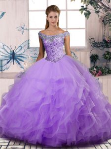 Adorable Lavender Tulle Lace Up Sweet 16 Quinceanera Dress Sleeveless Floor Length Beading and Ruffles