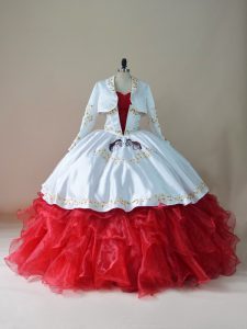 Customized White And Red Organza Lace Up Sweetheart Sleeveless Floor Length 15 Quinceanera Dress Embroidery and Ruffles