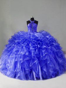 Blue Ball Gowns Organza Halter Top Sleeveless Beading and Ruffles Zipper Party Dress for Girls Brush Train