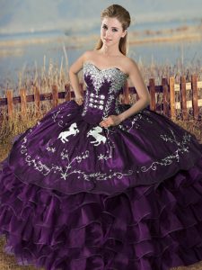 Sleeveless Satin and Organza Floor Length Lace Up 15th Birthday Dress in Purple with Embroidery