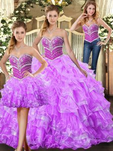 New Arrival Lilac Lace Up Quinceanera Dress Beading and Ruffles Sleeveless Floor Length