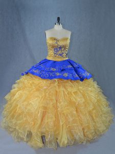 Gold Sleeveless Embroidery and Ruffles Lace Up Quince Ball Gowns