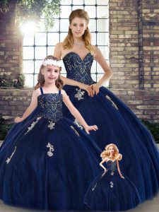 Navy Blue Ball Gowns Sweetheart Sleeveless Tulle Floor Length Lace Up Beading and Appliques Sweet 16 Dresses