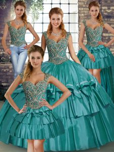 Sleeveless Taffeta Floor Length Lace Up Custom Made in Teal with Beading and Ruffled Layers